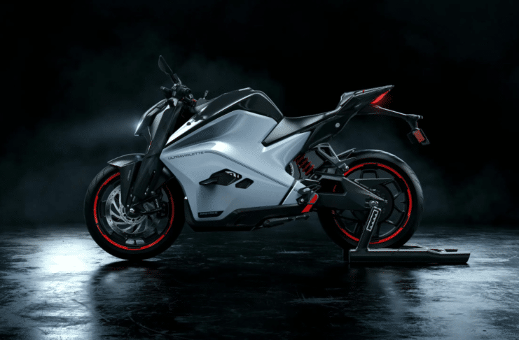 Ultraviolette F77 Electrike Motorcycle on stand in dark garage